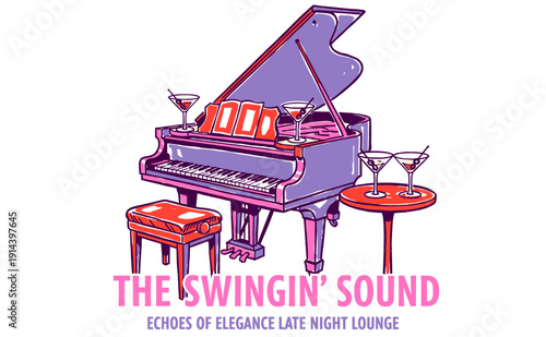 Vintage piano and martini illustration for a jazz or swing lounge logo. Music club artwork for t-shirt print, sticker, and vector design.
