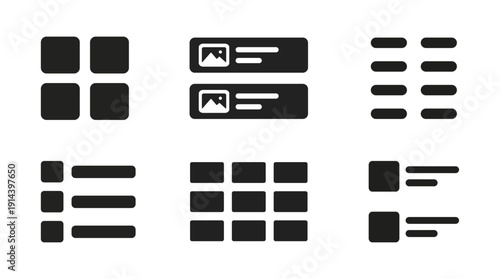 Display mode and layout view icon set with grid, list and card options. Minimal interface buttons for dashboard and content arrangement. Flat vector UI components in black style.