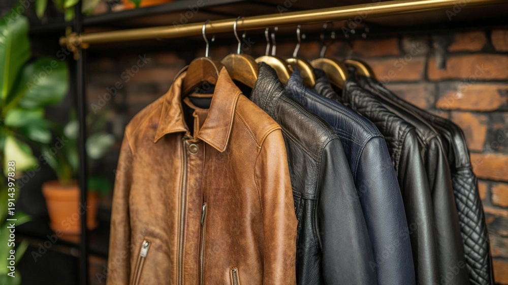 Obraz premium A rack of leather jackets hangs on a wall. The jackets are of different colors and styles, including brown, black, and blue. The jackets are hanging on metal hangers