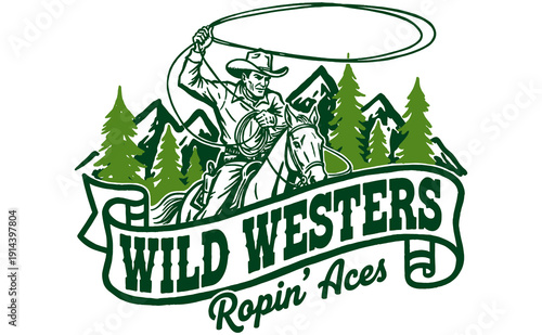 Wild Western Roping Aces Rodeo Club vintage artwork. Cowboy on horse with lasso t-shirt design print template. Western graphic vector illustration