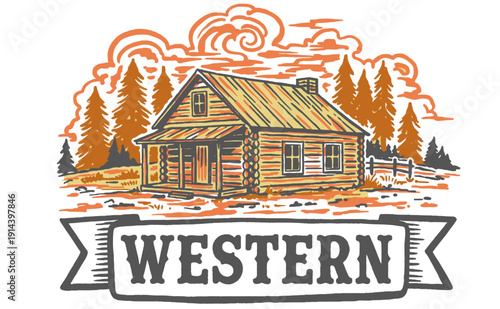 Western Log Cabin vintage artwork. Frontier camp graphic print design for t shirt. Rustic house explore club badge.