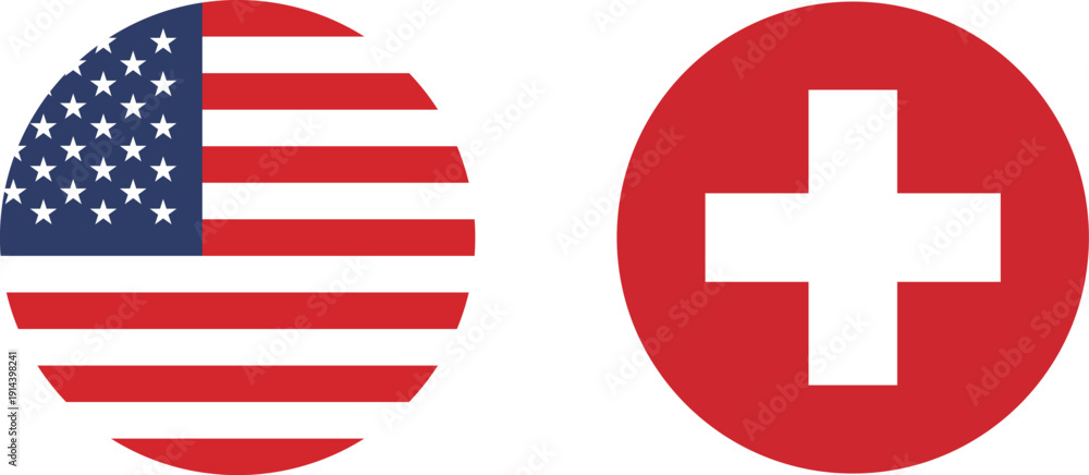 Fototapeta premium A set of circular icons of the flags of the United States of America and Switzerland.