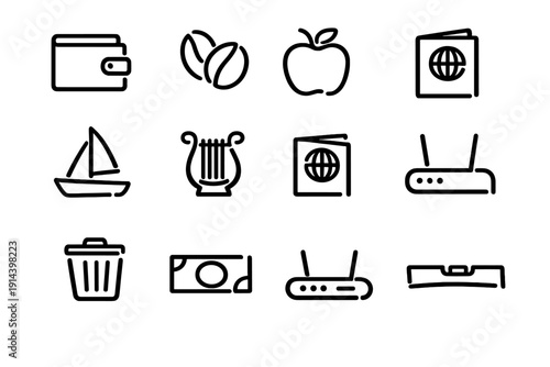 Set of minimalist black line icons including wallet coffee beans passport sailboat harp router trash can banknote and level tool