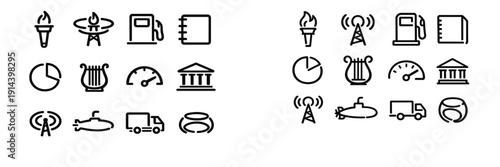 Collection of black line icons featuring a torch radio tower gas pump notebook pie chart harp speedometer bank submarine and truck