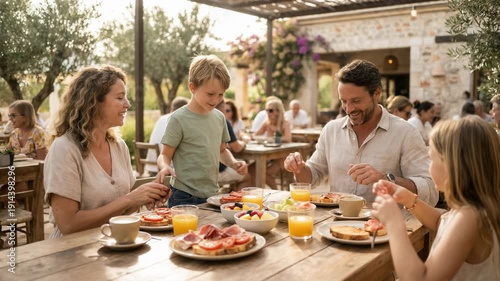 Family enjoying a traditional Spanish breakfast on vacation, young boy serving ham to his mother, warm sunrise colors, joyful holiday atmosphere, scenic sea and palm trees, abundant festive table