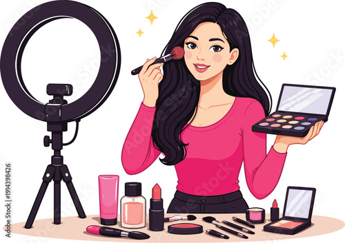 Vector illustration of a smiling young woman applying blush with a brush, holding an eyeshadow palette, surrounded by makeup products and a black ring light, isolated on transparent background.