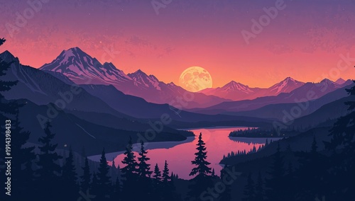 Sunset Over Mountains and River With Full Moon in the Evening Sky Near Forest