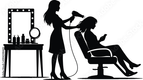 Vector silhouette illustration of a female hairdresser styling a client's hair with a blow dryer in a salon, isolated on a white background.