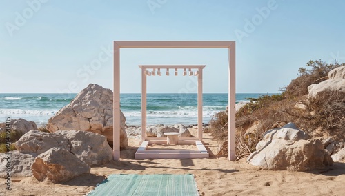 Beach Setup With Structure for Relaxation Near Ocean on Sunny Day