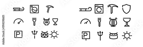 Collection of black line icons featuring household items, musical instruments, tools, and symbols on a white background for interface design