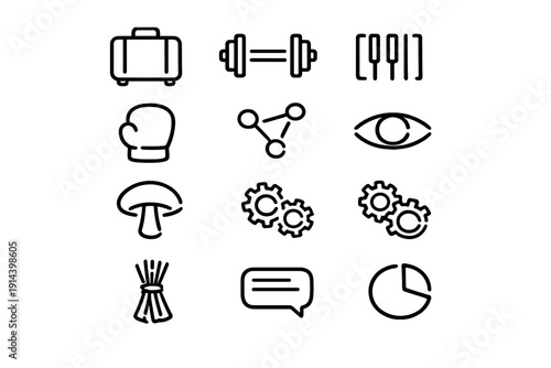 Set of black line icons representing travel fitness technology nature business and communication symbols isolated on white background