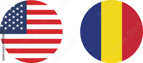 A set of circular icons of the flags of the United States of America and Romania.