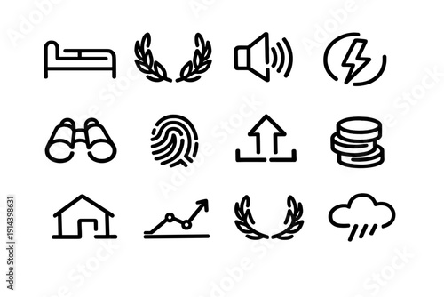 Black line icons set including bed laurel wreath speaker lightning binoculars fingerprint upload coins house graph and rain cloud