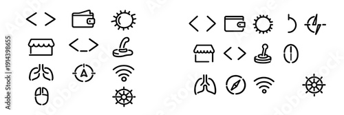 Set of minimalist black line icons representing technology business nature and navigation elements on a white background