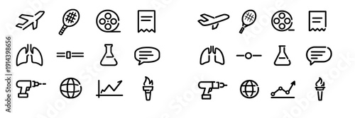 Minimalist black line icons set including airplane tennis racket film reel lungs beaker speech bubble drill globe graph and torch on white