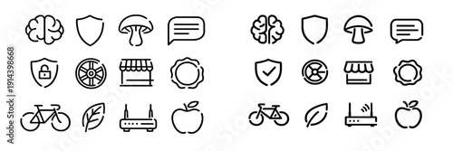 Set of minimalist line icons featuring brain shield mushroom speech bubble lock wheel shop seal bicycle leaf router and