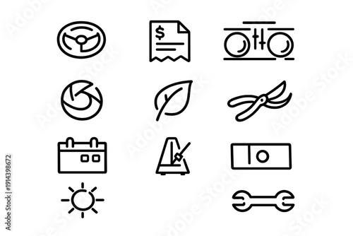Black line icon set including steering wheel receipt binoculars leaf garden shears calendar metronome sun and wrench for interface design