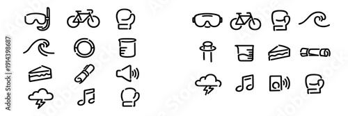 Collection of hand drawn black line icons representing sports nature science and lifestyle elements on white background