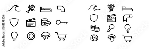 Set of minimalist black line icons featuring wave bed key lightbulb and shopping cart symbols on white background