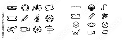 Minimalist black line icons set featuring travel entertainment and utility symbols on white background for user interface design