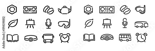 Minimalist black line icon set featuring everyday objects like coffee beans leaf bus alarm clock and microphone on white background