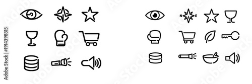 Minimalist black line icons set featuring eye star wine glass boxing glove shopping cart database flashlight speaker leaf key and bowl