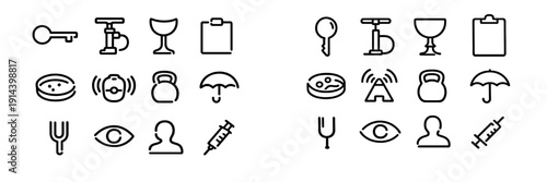 Black line icons featuring key air pump goblet clipboard petri dish radio signal kettlebell umbrella tuning fork eye person and syringe
