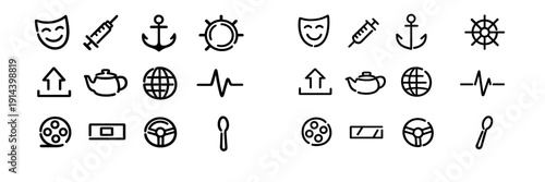 Minimalist black line icon set with theatre mask syringe anchor ship wheel upload teapot globe heartbeat film reel and steering wheel