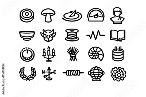 Set of diverse minimalist line icons including a mushroom sundial gauge bust bowl demon spool pulse book dial candelabra shell and gears