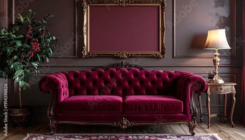 Ornate Crimson Velvet Sofa Against Dark Wall with Golden Accents and Table Lamp