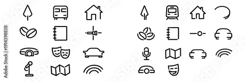 Minimalist outline icon set featuring travel lifestyle and entertainment symbols like train house coffee beans and theater masks on white