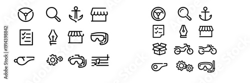 Collection of black line icons featuring steering wheel magnifying glass anchor storefront checklist pen tool goggles whistle gears and