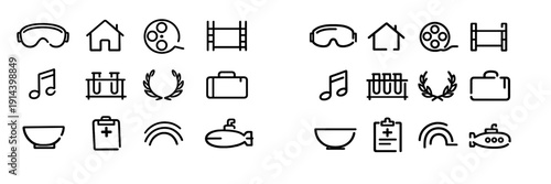Set of minimalist black line icons including house music notes science equipment film reel and medical symbols on white background
