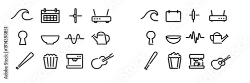 Collection of minimalist black line icons featuring wave calendar router keyhole bowl pulse watering can baseball bat popcorn and guitar