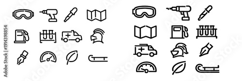 Black line icons set featuring goggles drill pipette map gas pump test tubes ambulance knight helmet pen nib speedometer leaf and sled