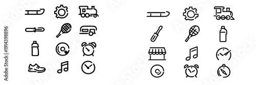 Collection of black line icons representing various lifestyle and travel objects including sports equipment tools and transportation symbols