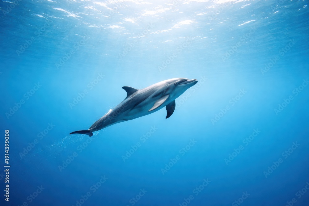 Fototapeta premium Dolphin Swims Gracefully Under Clear Blue Water in an Ocean Environment, Showcasing Natural Marine Life in Motion