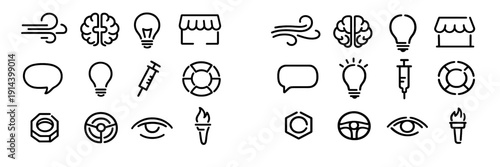 Minimalist black line icons set featuring brain lightbulb syringe eye steering wheel and wind symbols on white background
