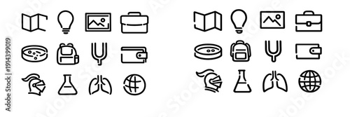 Set of linear icons representing education science travel and business concepts including globe lungs beaker helmet wallet and lightbulb