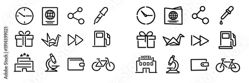 Minimalist line icons set featuring clock passport share dropper gift origami fast forward gas pump hotel microscope wallet and bicycle