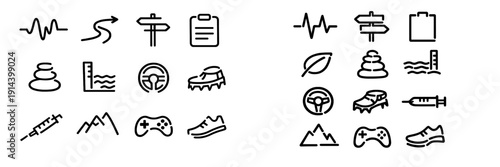 Collection of black line icons representing health sports travel and leisure activities on a white background
