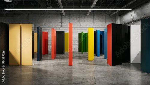 Modern Art Installation With Colorful Vertical Shapes in a Spacious Gallery S...