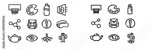 Set of minimalist black line icons featuring basketball hoop palette backpack teapot eye cactus and other miscellaneous objects