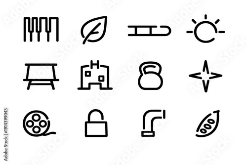 Set of minimalist line icons featuring piano keys leaf sled sun easel hospital kettlebell star film reel padlock pipe and pea pod