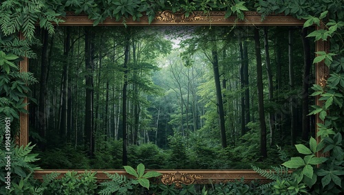 Green Forest Framed by Leaves Showing Sunlight Filtering Through Trees in Ear...