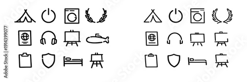 Minimalist hand drawn line icons set featuring tent power button washing machine laurel wreath passport headphones easel submarine and
