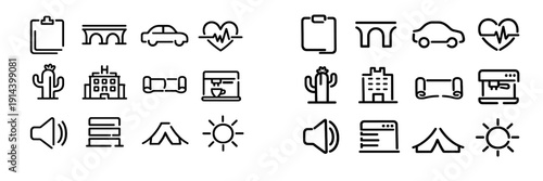 Collection of simple black line icons featuring travel car bridge hotel cactus tent sun and business symbols