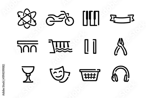 Collection of black line icons featuring atom motorcycle piano keys ribbon bridge dam brackets pliers goblet mask basket and headphones