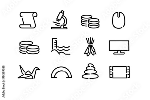 Set of black line icons featuring microscope scroll coins computer mouse monitor origami crane zen stones and rainbow on white background
