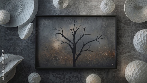 Art Displayed on Wall Shows Tree Branches in Dark Setting With Light Spots Su...
